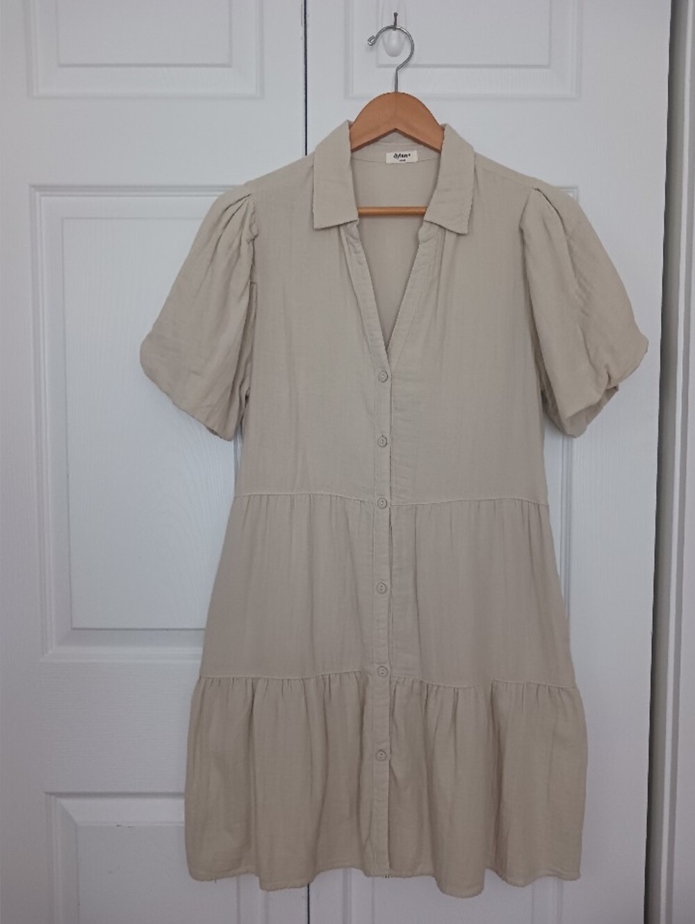 Dylan Parker Cotton Dress Puff Sleeve Khaki Size S